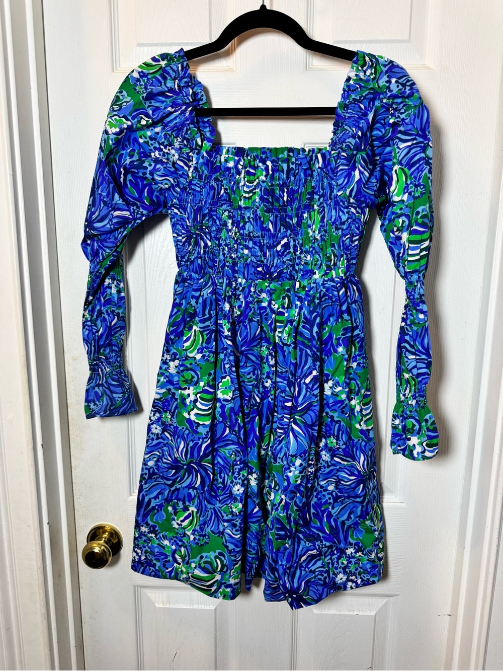 Lilly Pulitzer Blue & Green Floral Smocked Long-Sleeve Mini Dress